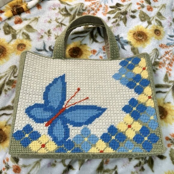 Vintage 70s Handmade Needlepoint Floral Butterfly Tote Bag Handbag Purse - Picture 4 of 7